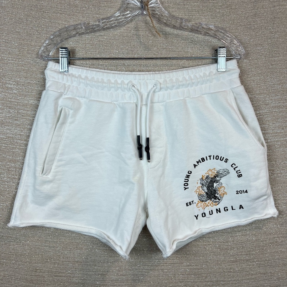 YoungLA Size M Dedication Coi Fish Drawstring White Graphic Cotton Shorts